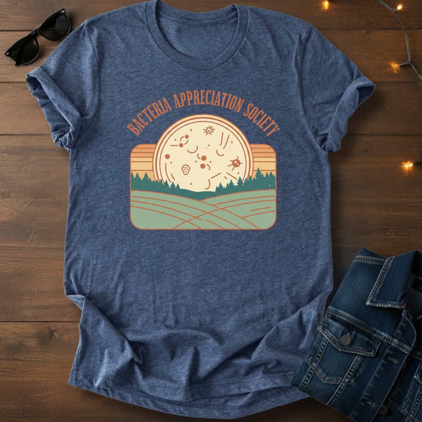 Bacteria Appreciation Society Tee — Retro Microbe Sunset Graphic T-Shirt
