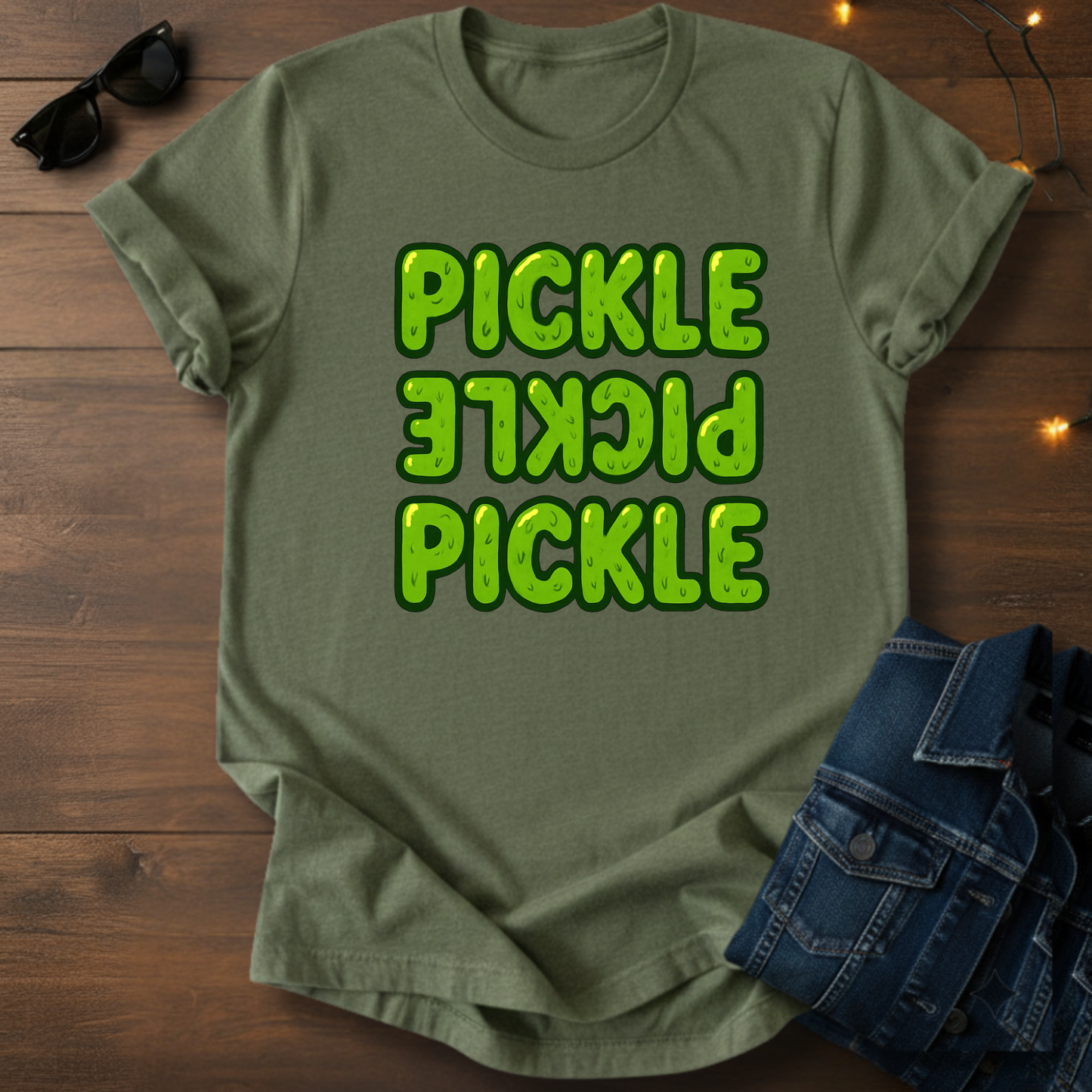 Pickle Repeat Graphic Tee — Playful Green Pickle Design