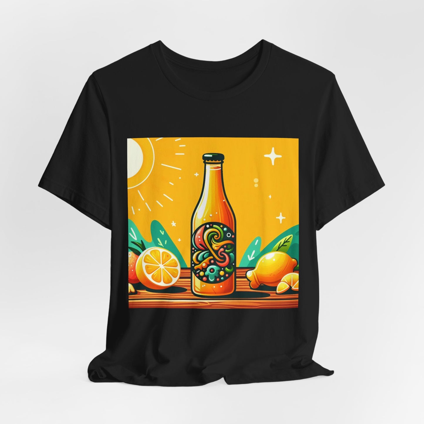 Citrus Soda Bottle Tee — Bright Orange Lemon Graphic T-Shirt