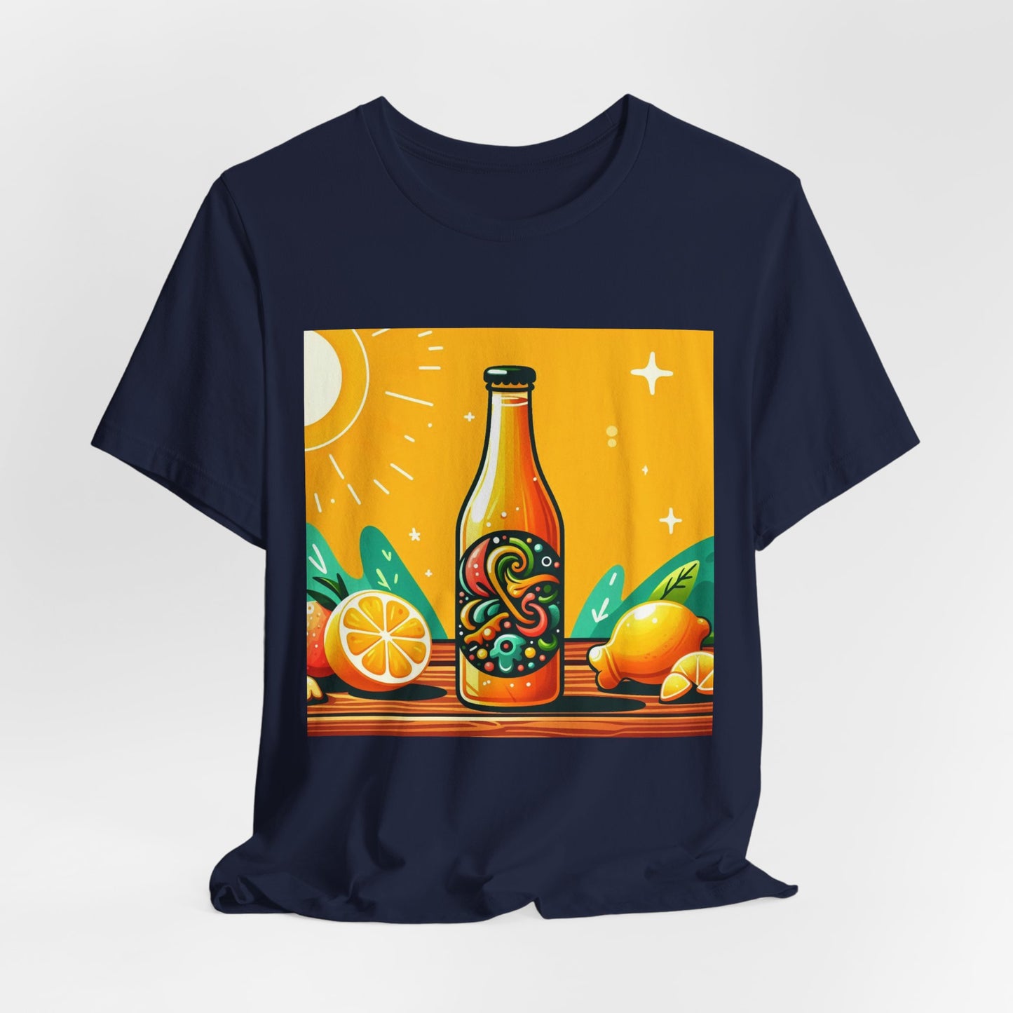 Citrus Soda Bottle Tee — Bright Orange Lemon Graphic T-Shirt