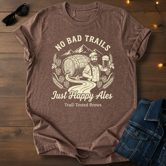 No Bad Trails Just Happy Ales T-Shirt — Outdoor Brewery Hiker Tee