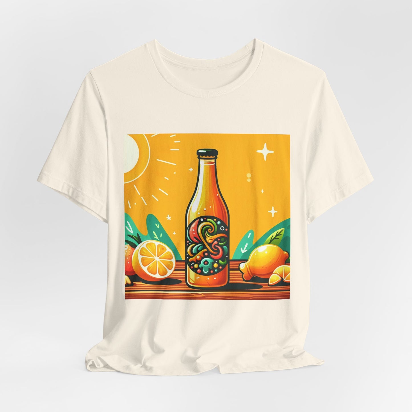 Citrus Soda Bottle Tee — Bright Orange Lemon Graphic T-Shirt