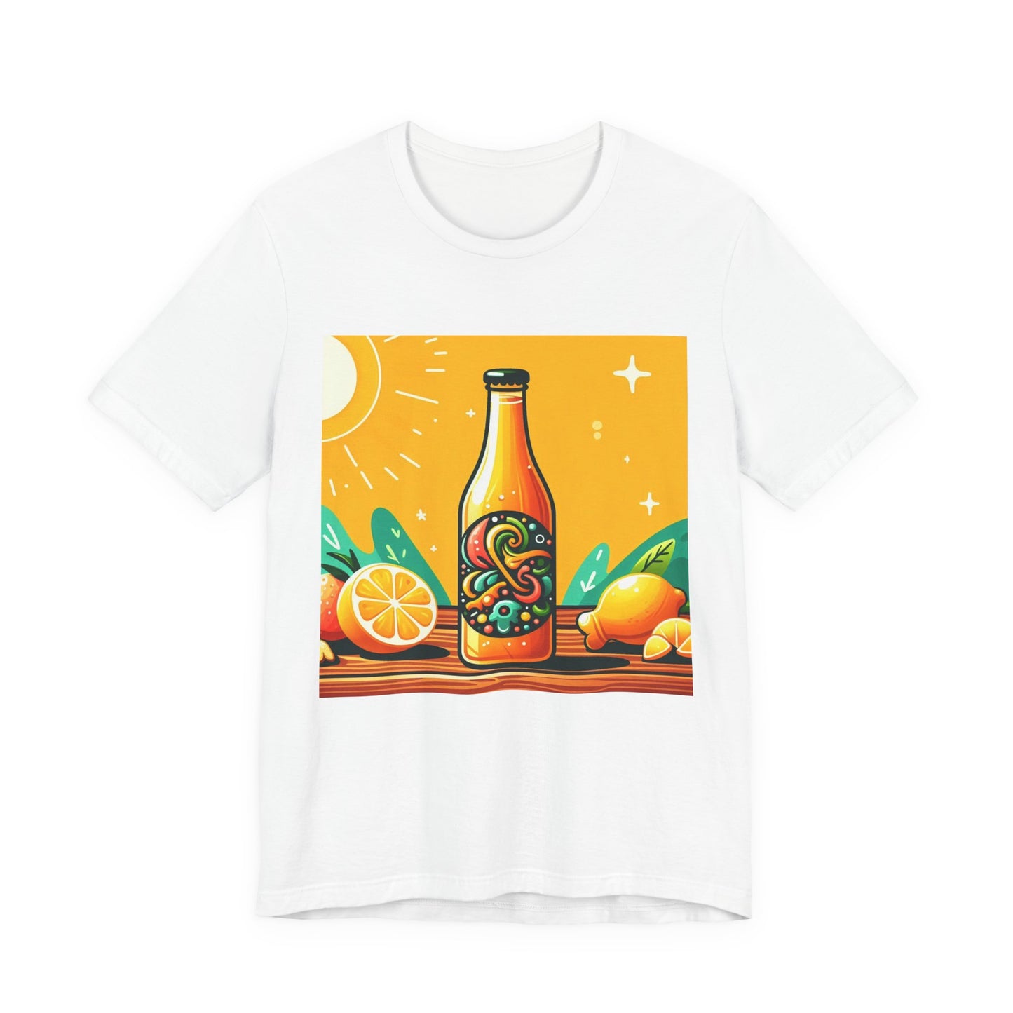 Citrus Soda Bottle Tee — Bright Orange Lemon Graphic T-Shirt