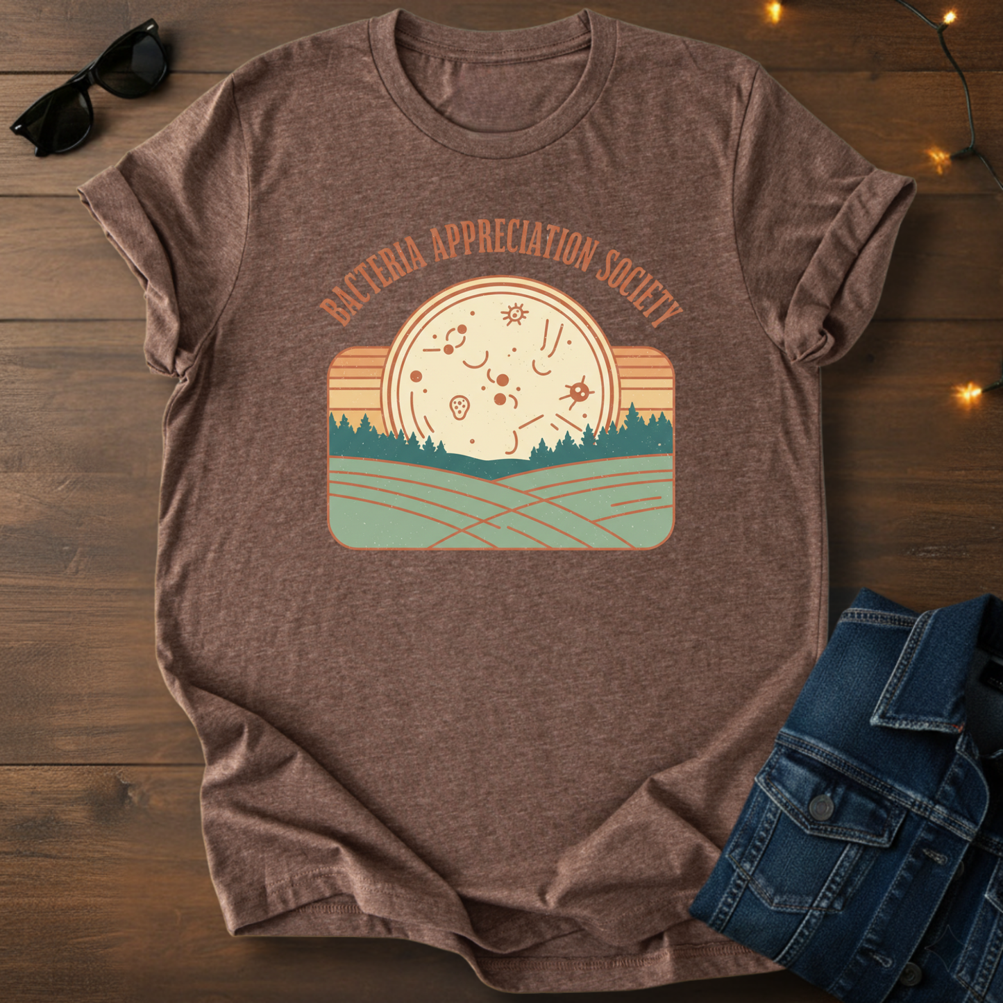 Bacteria Appreciation Society Tee — Retro Microbe Sunset Graphic T-Shirt