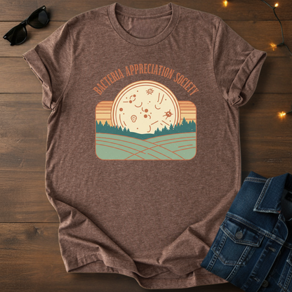Bacteria Appreciation Society Tee — Retro Microbe Sunset Graphic T-Shirt