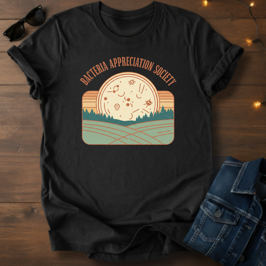 Bacteria Appreciation Society Tee — Retro Microbe Sunset Graphic T-Shirt