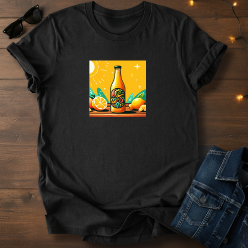 Citrus Kombucha Bottle Tee — Bright Orange Lemon Graphic T-Shirt