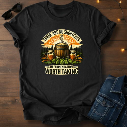 Fermentation Worth Taking T‑Shirt — Homebrewing Barrel & Hops Shirt