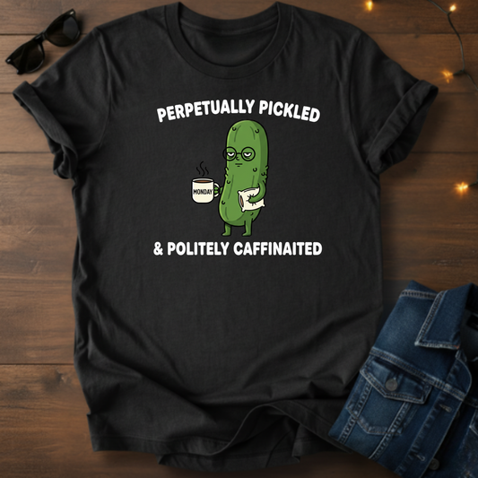 Perpetually Pickled & Politely Caffeinated T‑Shirt — Funny Pickle Coffee Tee