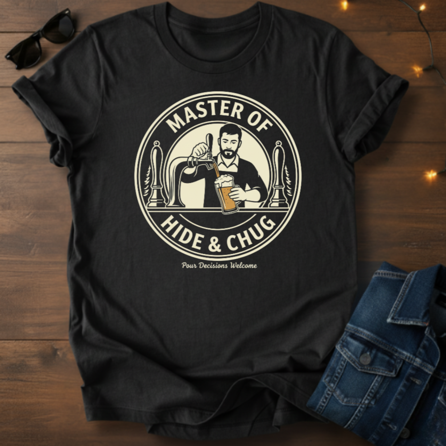 Master of Hide and Chug Beer T-Shirt — Retro Bartender Design