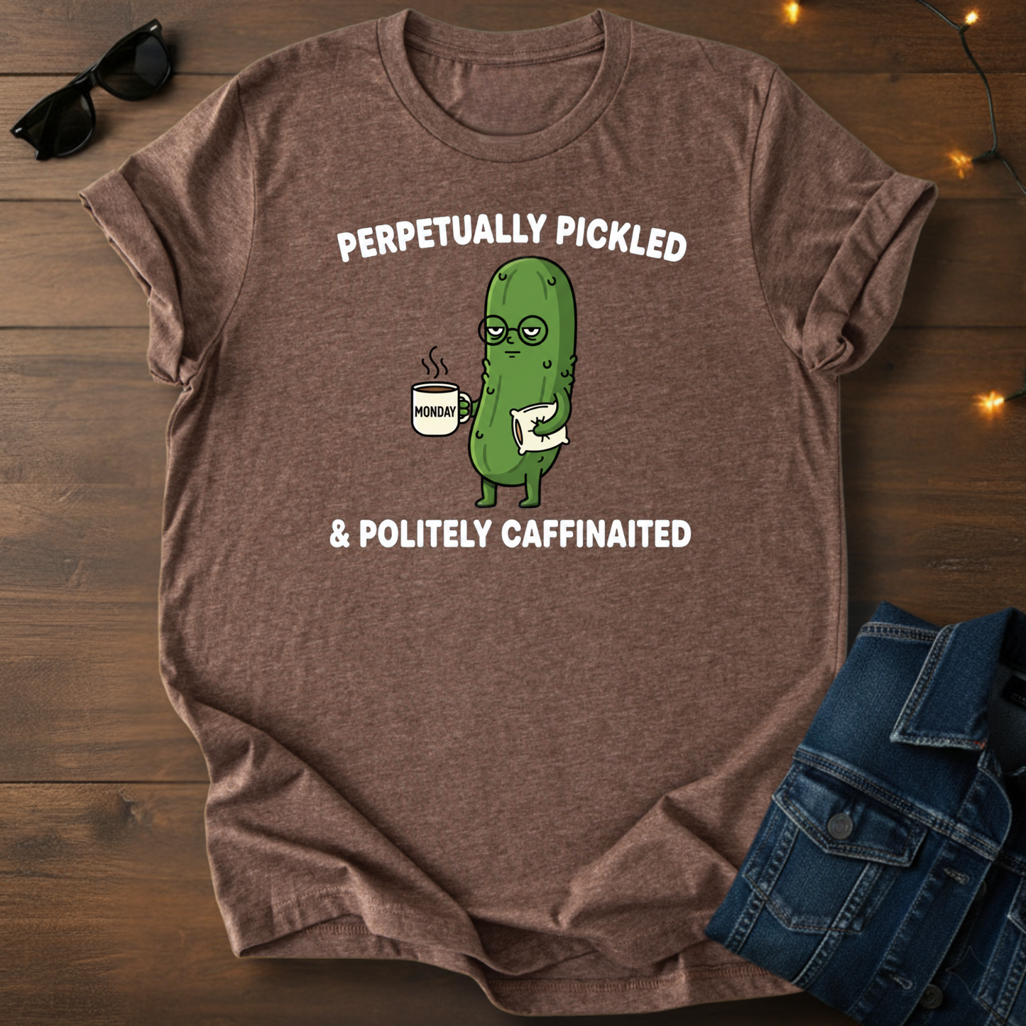 Perpetually Pickled & Politely Caffeinated T‑Shirt — Funny Pickle Coffee Tee