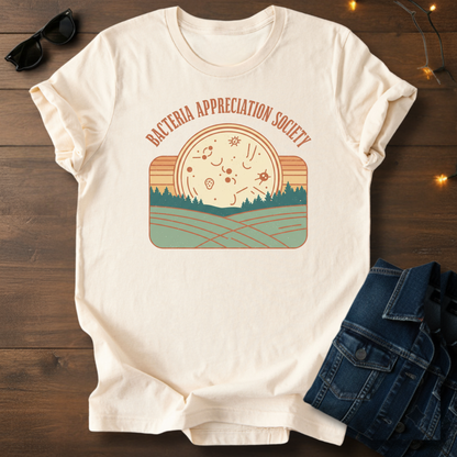 Bacteria Appreciation Society Tee — Retro Microbe Sunset Graphic T-Shirt