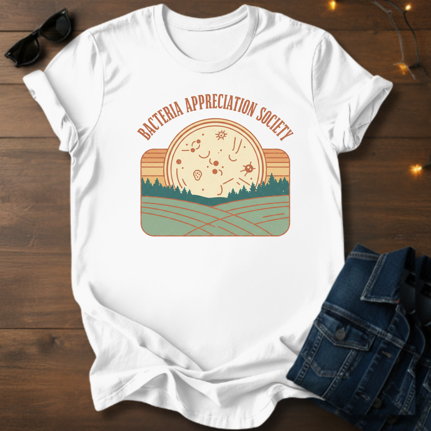 Bacteria Appreciation Society Tee — Retro Microbe Sunset Graphic T-Shirt