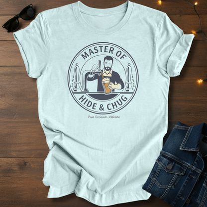 Master of Hide and Chug Beer T-Shirt — Retro Bartender Design