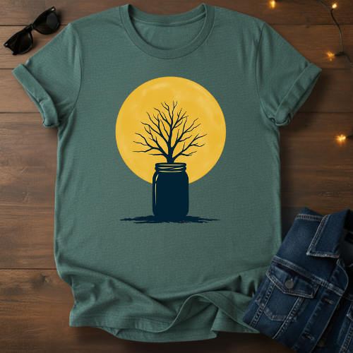 Tree Silhouette Moon T-Shirt — Minimal Jar & Full Moon Graphic Tee