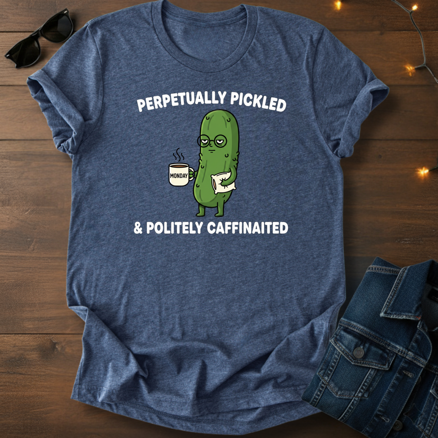 Perpetually Pickled & Politely Caffeinated T‑Shirt — Funny Pickle Coffee Tee