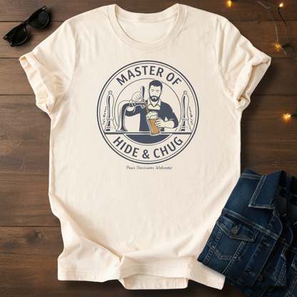 Master of Hide and Chug Beer T-Shirt — Retro Bartender Design