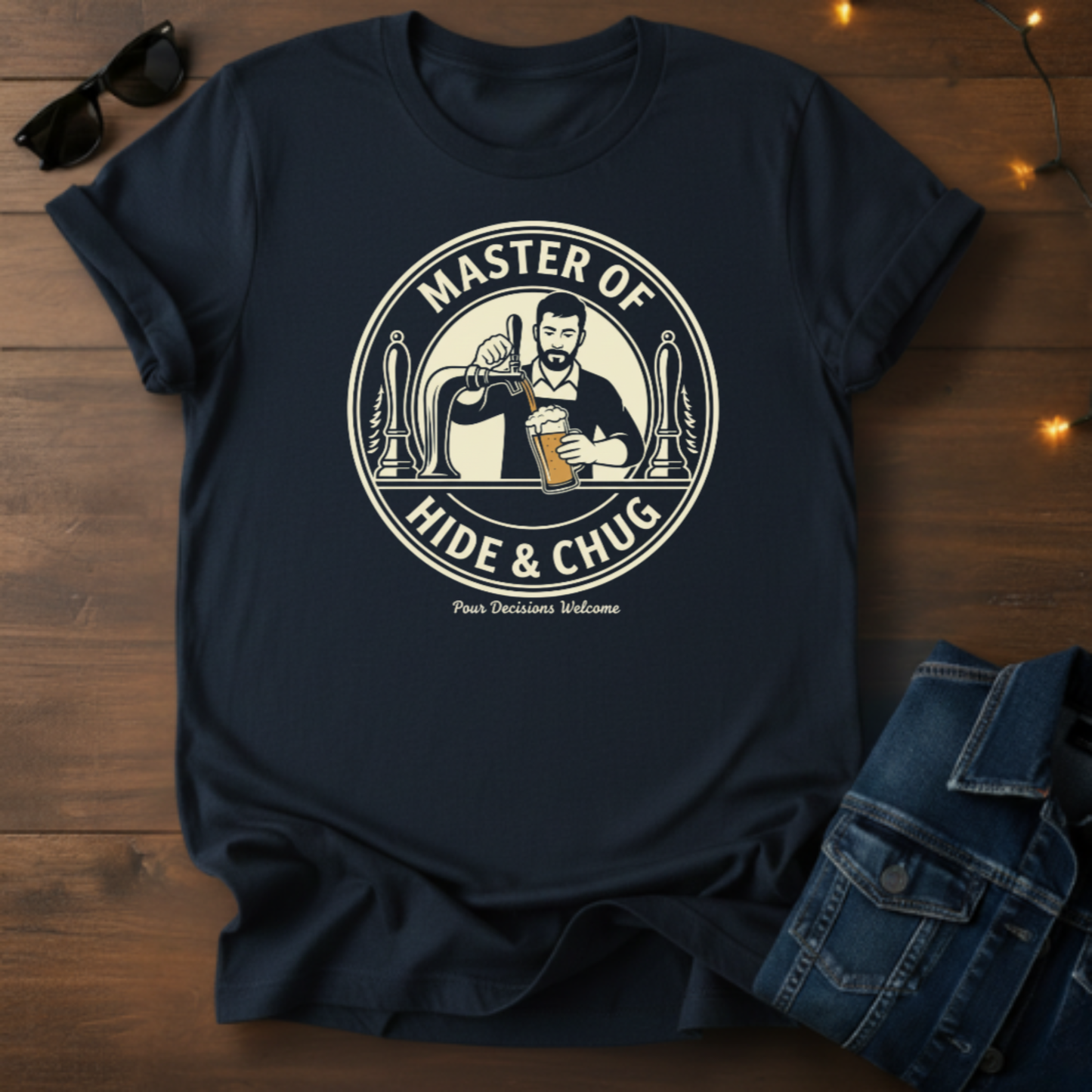 Master of Hide and Chug Beer T-Shirt — Retro Bartender Design