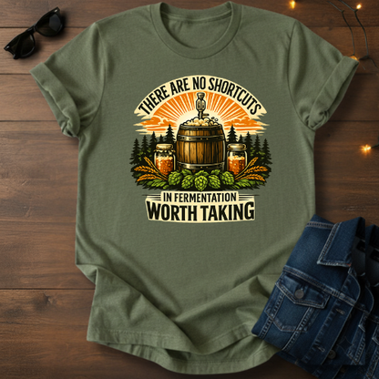Fermentation Worth Taking T‑Shirt — Homebrewing Barrel & Hops Shirt