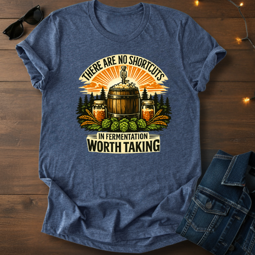 Fermentation Worth Taking T‑Shirt — Homebrewing Barrel & Hops Shirt