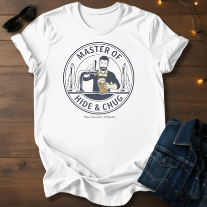 Master of Hide and Chug Beer T-Shirt — Retro Bartender Design