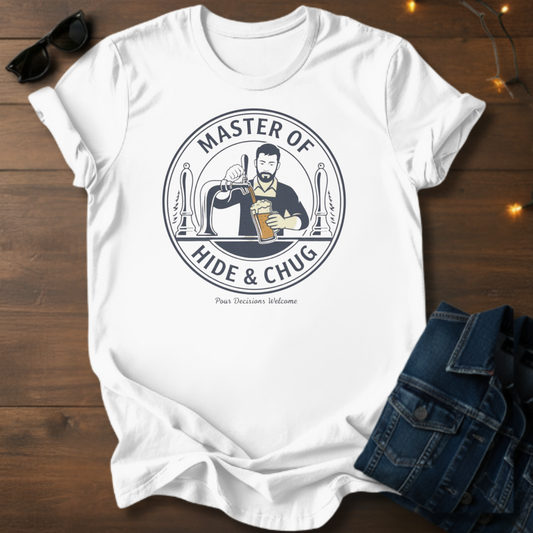 Master of Hide and Chug Beer T-Shirt — Retro Bartender Design