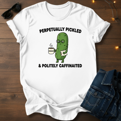Perpetually Pickled & Politely Caffeinated T‑Shirt — Funny Pickle Coffee Tee